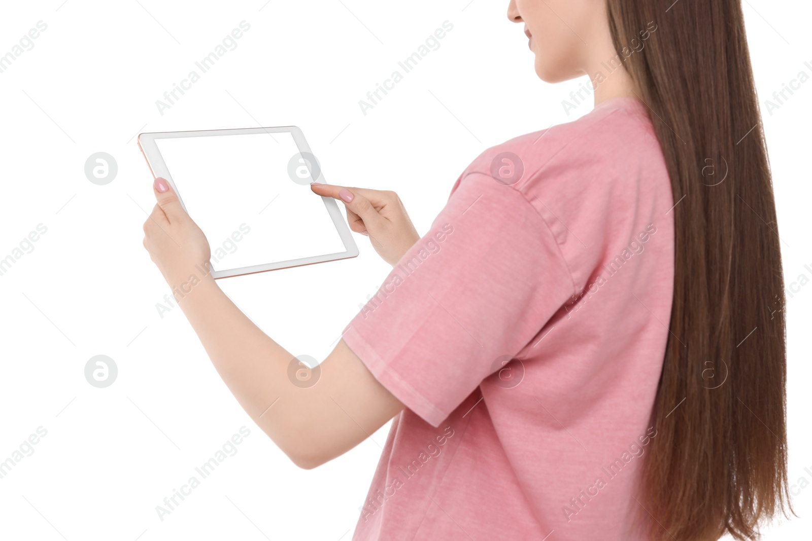 Photo of Woman using tablet with blank screen on white background, closeup. Mockup for design