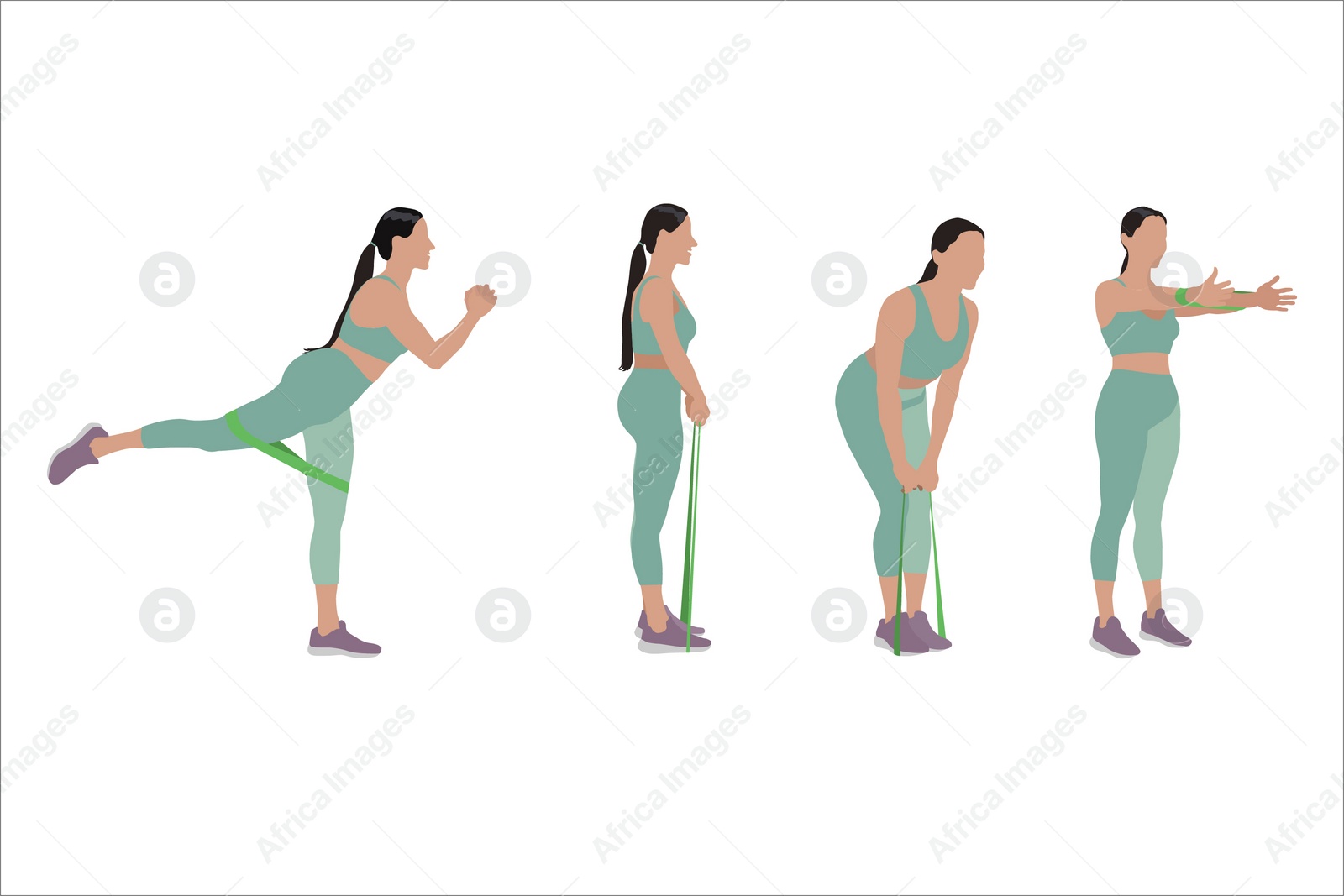 Illustration of Woman doing exercises with fitness elastic band on white background, collage