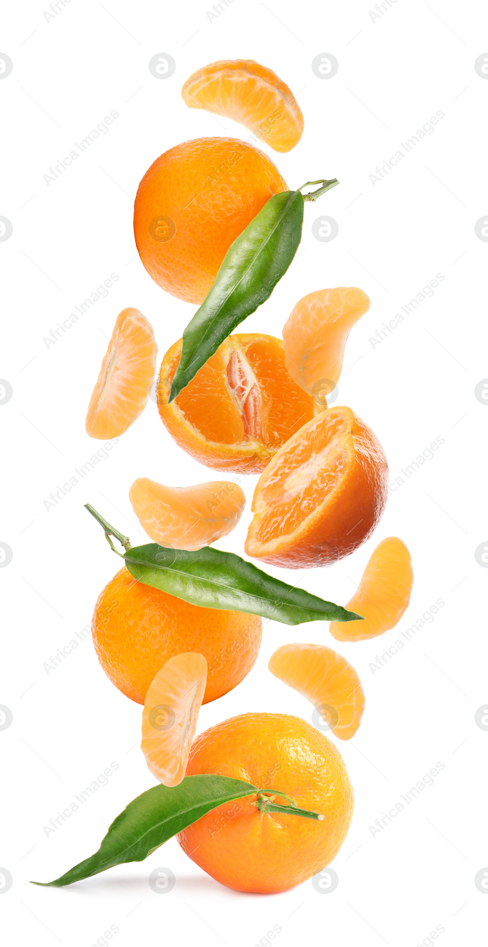 Image of Tasty fresh tangerines falling on white background