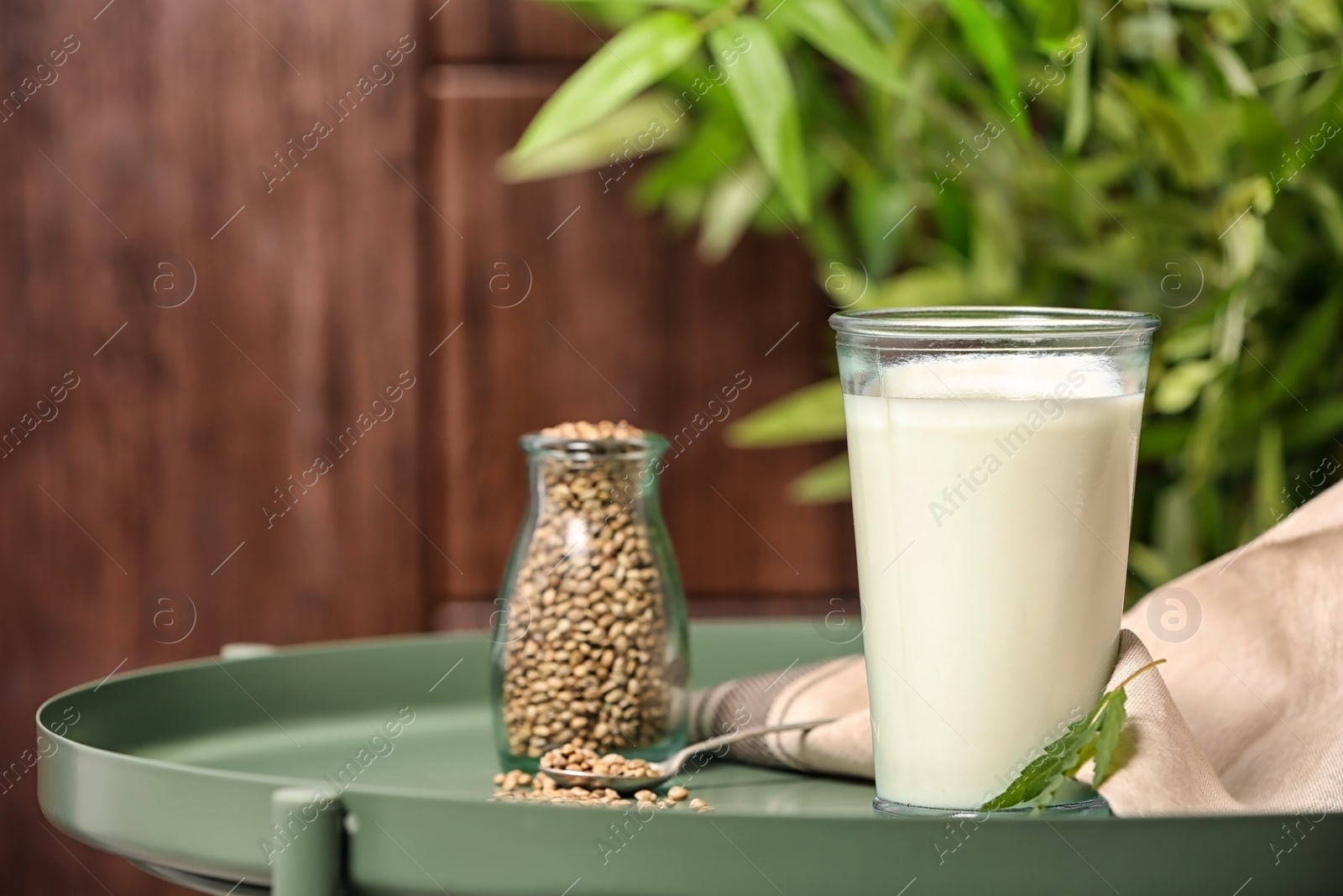 Photo of Composition with hemp milk on green table