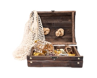 Wooden treasure chest with net, gold coins, jewelry and gemstones isolated on white