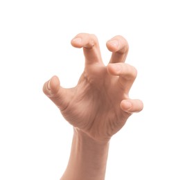 Man holding something in hand on white background, closeup