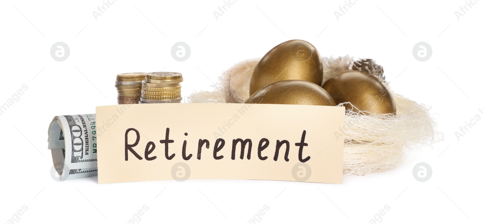 Photo of Many golden eggs, money and card with word Retirement on white background. Pension concept