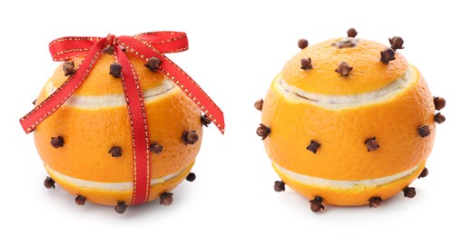 Image of Pomander balls made of tangerine and cloves on white background, collage. Banner design