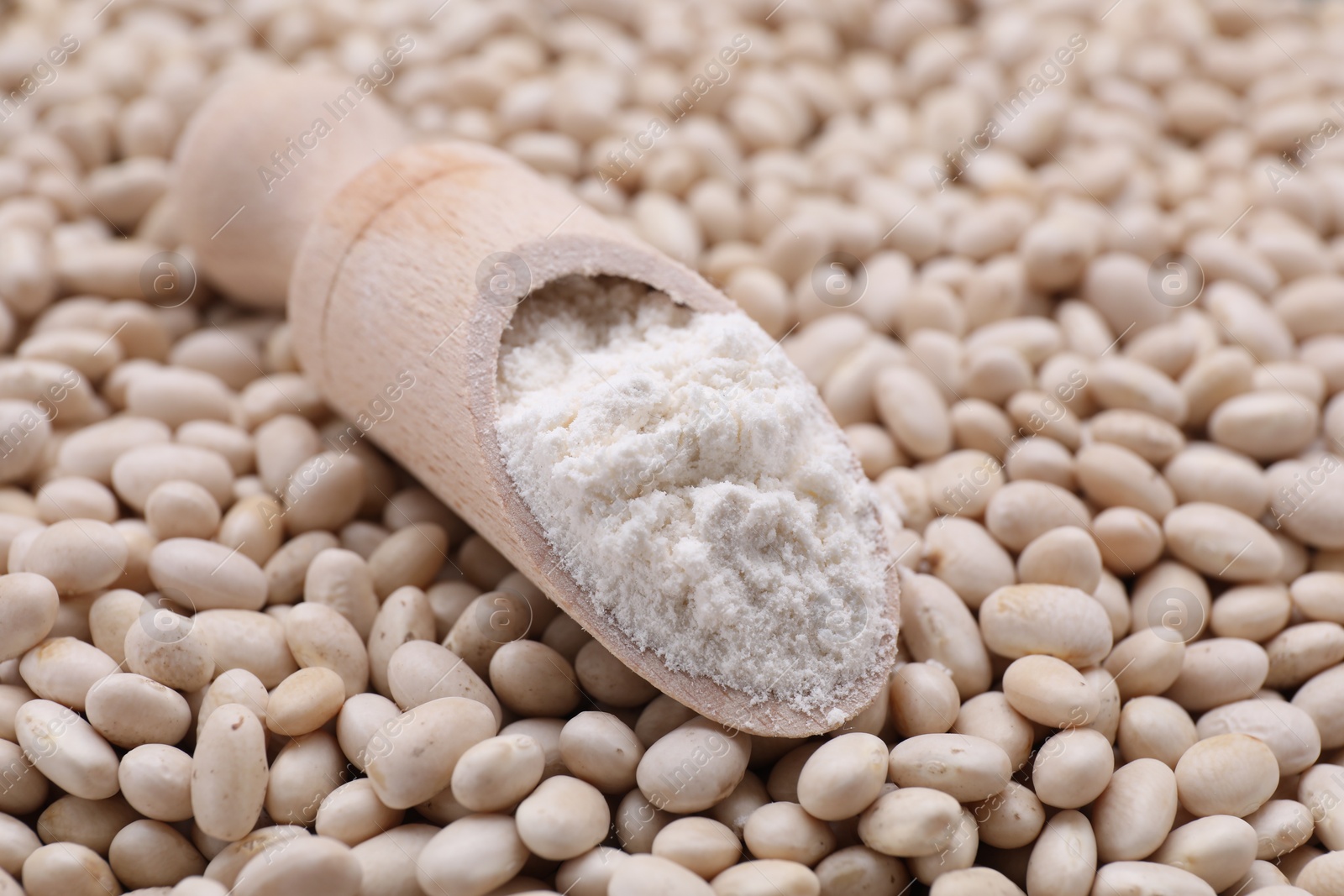 Photo of Wooden scoop with flour on white kidney beans, closeup. Space for text