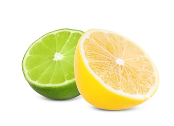 Image of Halved lime and lemon on white background