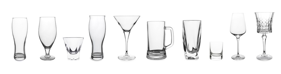 Collage with different empty glasses on white background