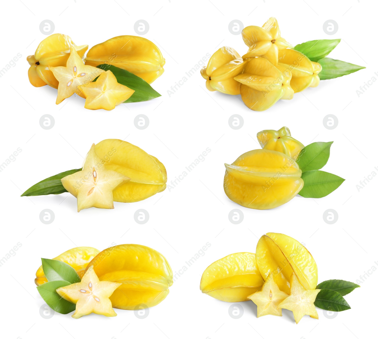 Image of Set with delicious ripe carambola fruits on white background