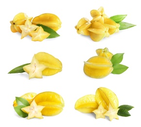 Set with delicious ripe carambola fruits on white background