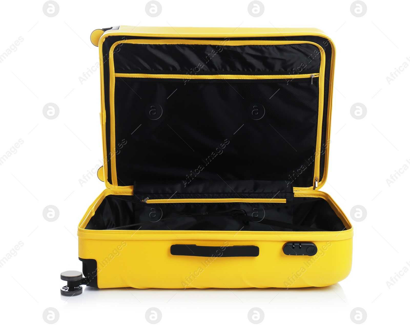 Photo of Open suitcase for travelling on white background