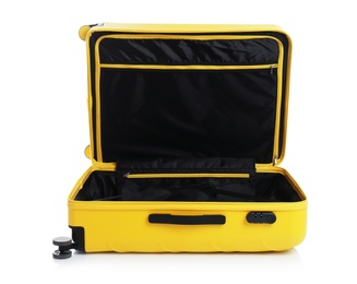 Photo of Open suitcase for travelling on white background