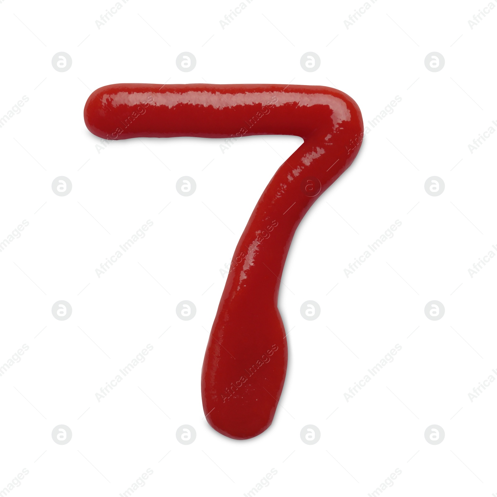 Photo of Number seven made with ketchup on white background, top view