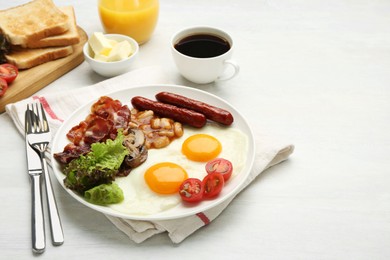 Photo of Delicious breakfast with sunny side up eggs served on white table