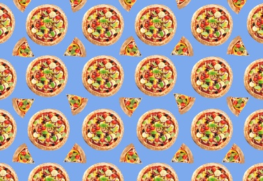 Image of Pizza pattern design on light violet blue background 