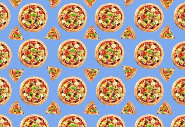 Pizza pattern design on light violet blue background 