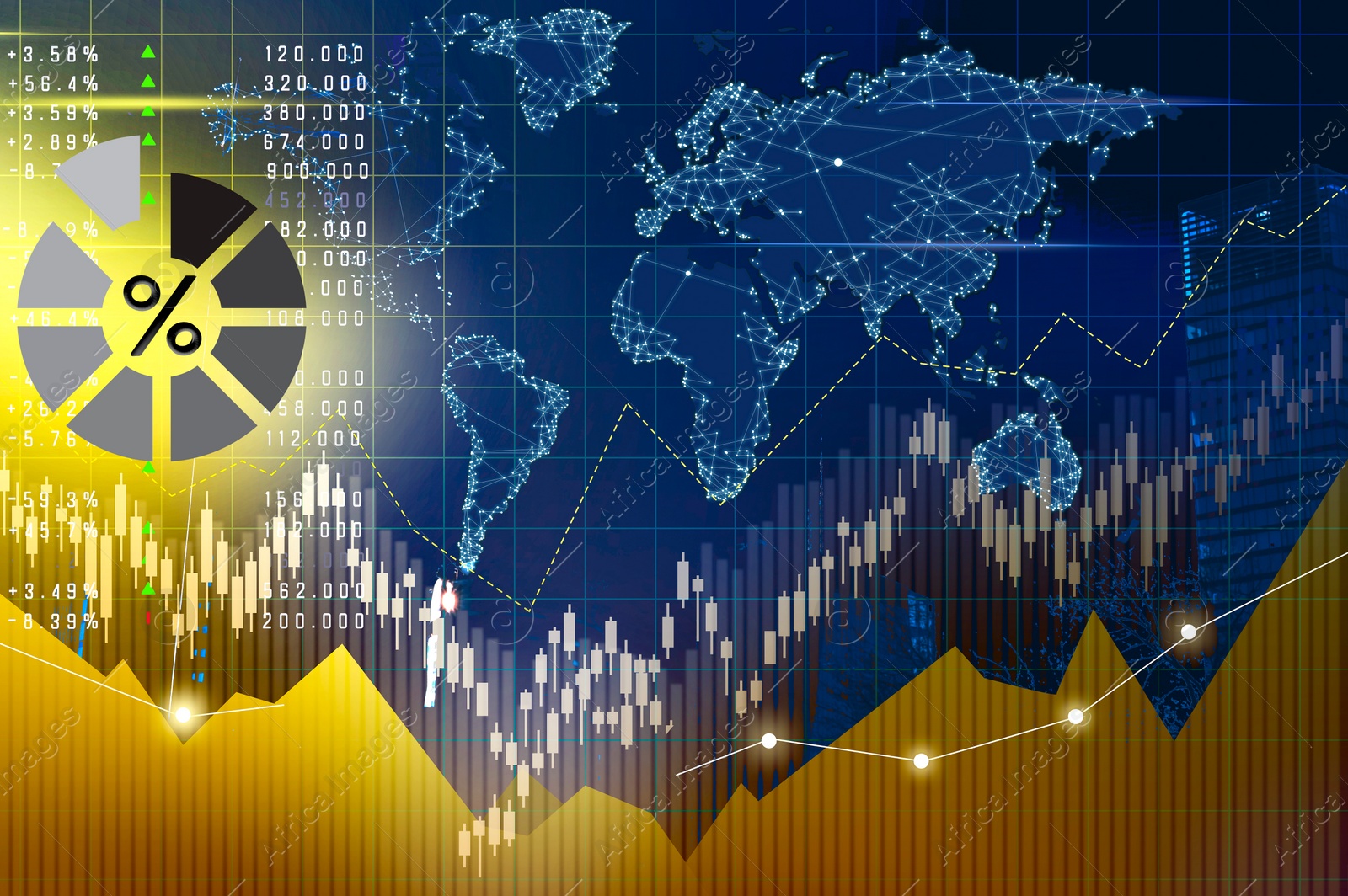 Image of Stock exchange concept. Modern buildings, world map, data and charts, multiple exposure