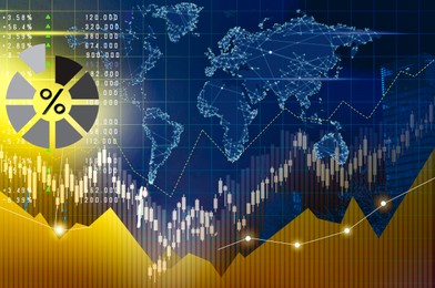 Image of Stock exchange concept. Modern buildings, world map, data and charts, multiple exposure