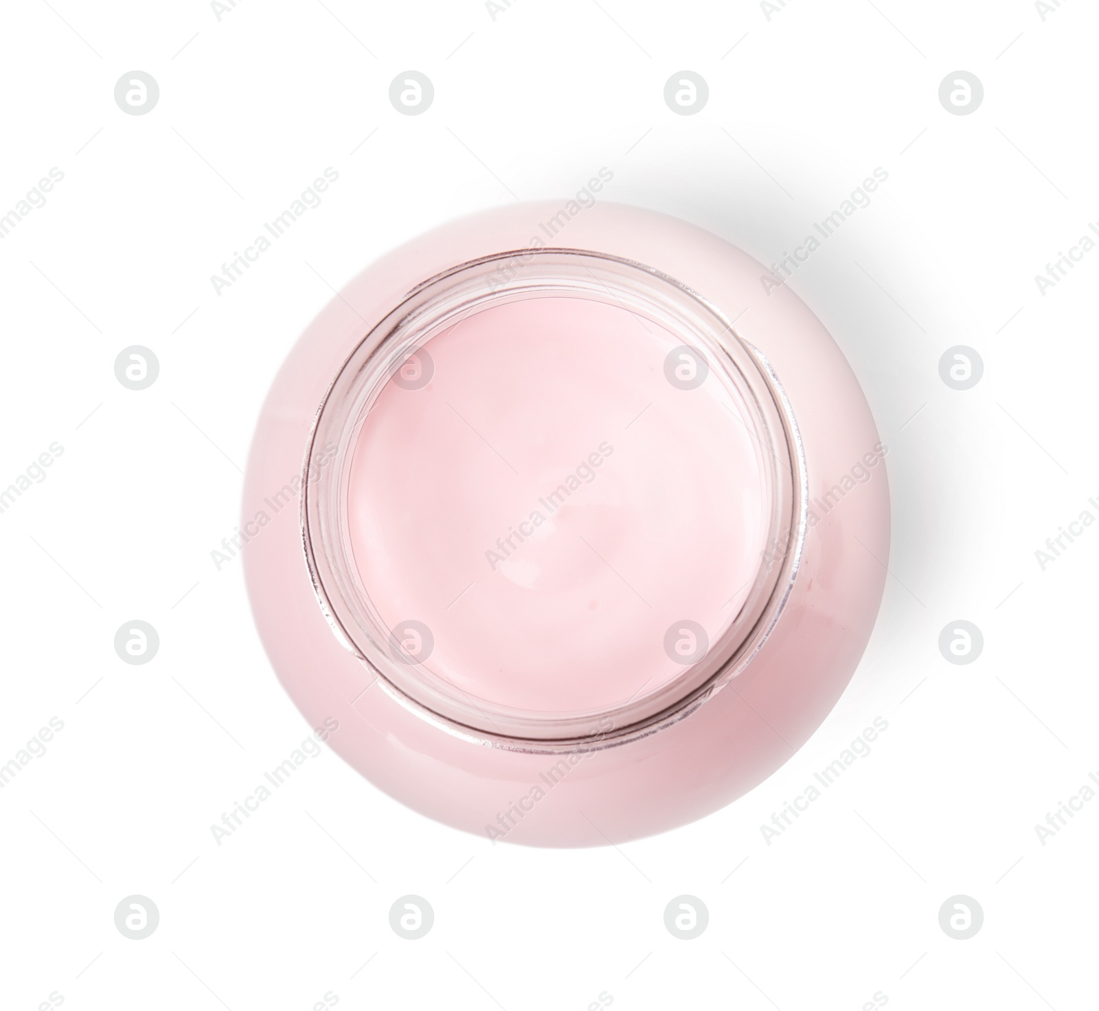 Photo of Glass jar with creamy yogurt on white background, top view