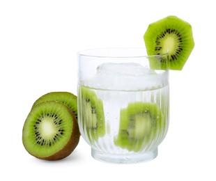 Refreshing drink and cut kiwi isolated on white