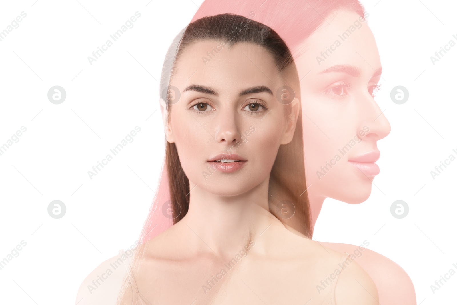 Image of Double exposure of beautiful women on white background