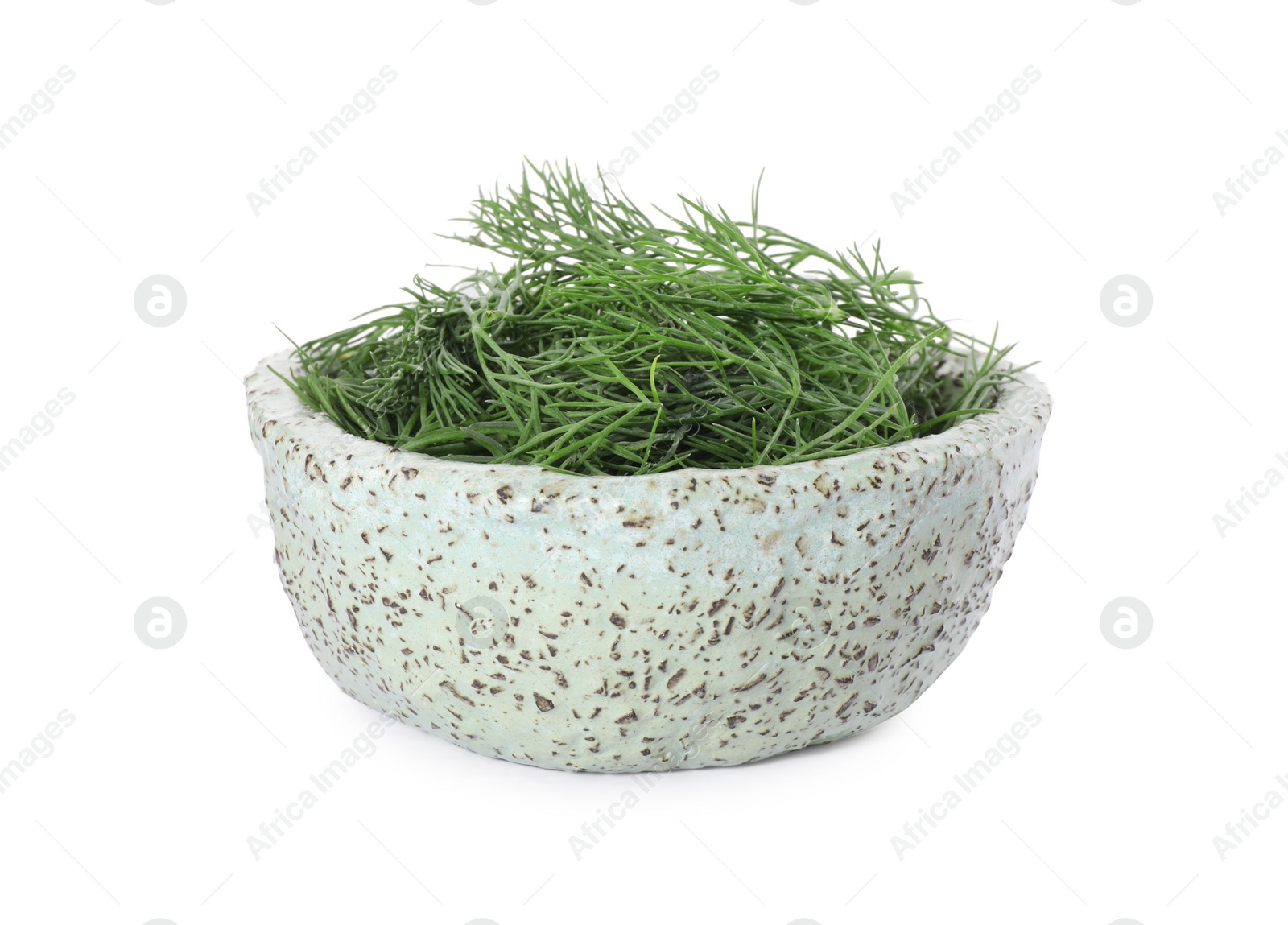 Photo of Bowl of fresh dill isolated on white