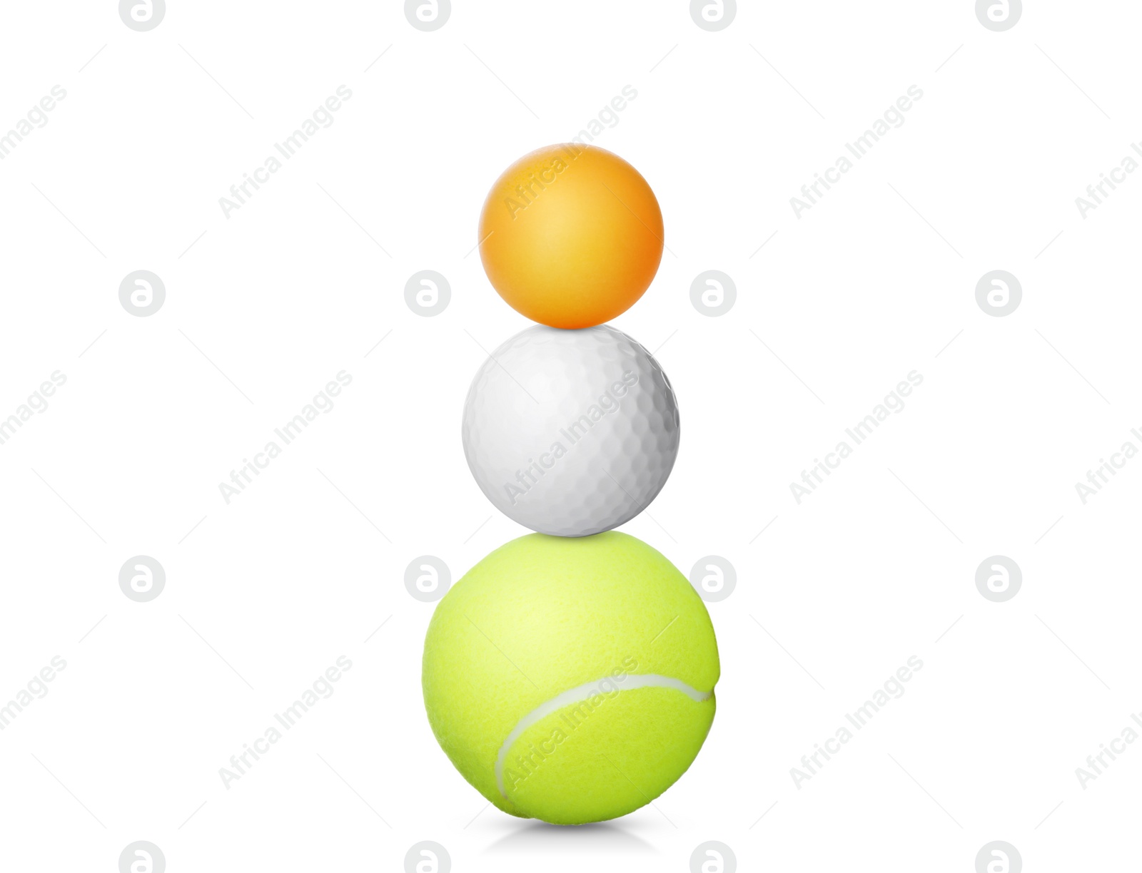 Image of Stack of different sport balls on white background