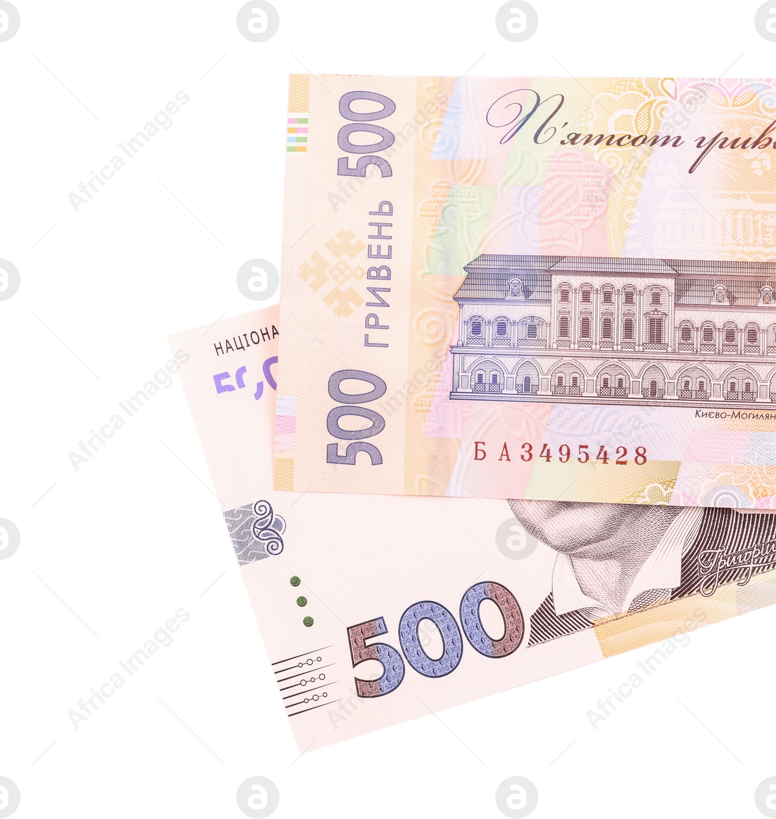 Photo of 500 Ukrainian Hryvnia banknotes on white background, top view