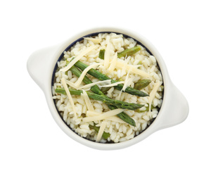 Photo of Delicious risotto with asparagus isolated on white, top view