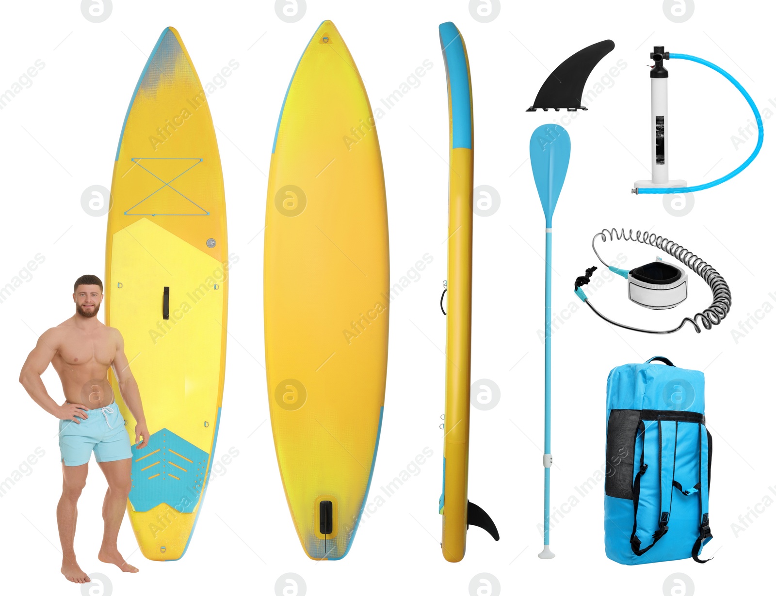 Image of Happy man with SUP board and different equipment for stand up paddle boarding isolated on white, set of photos