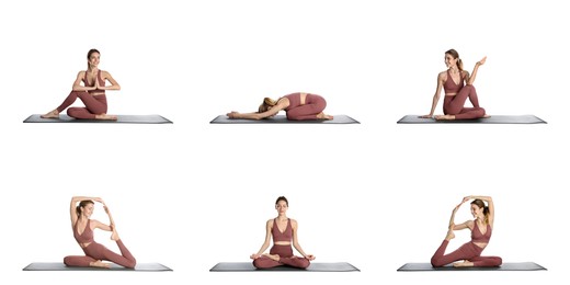 Image of Young woman practicing yoga on white background, collage. Banner design 