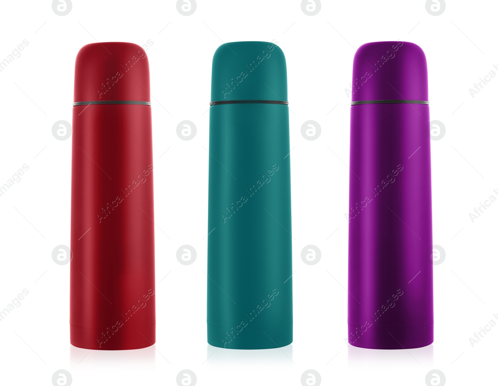 Image of Set of modern thermoses in different colors on white background 