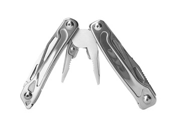 Photo of Compact portable metallic multitool isolated on white