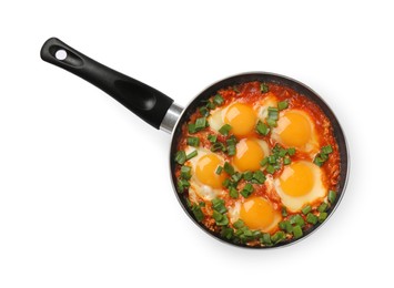 Delicious shakshuka in frying pan isolated on white, top view