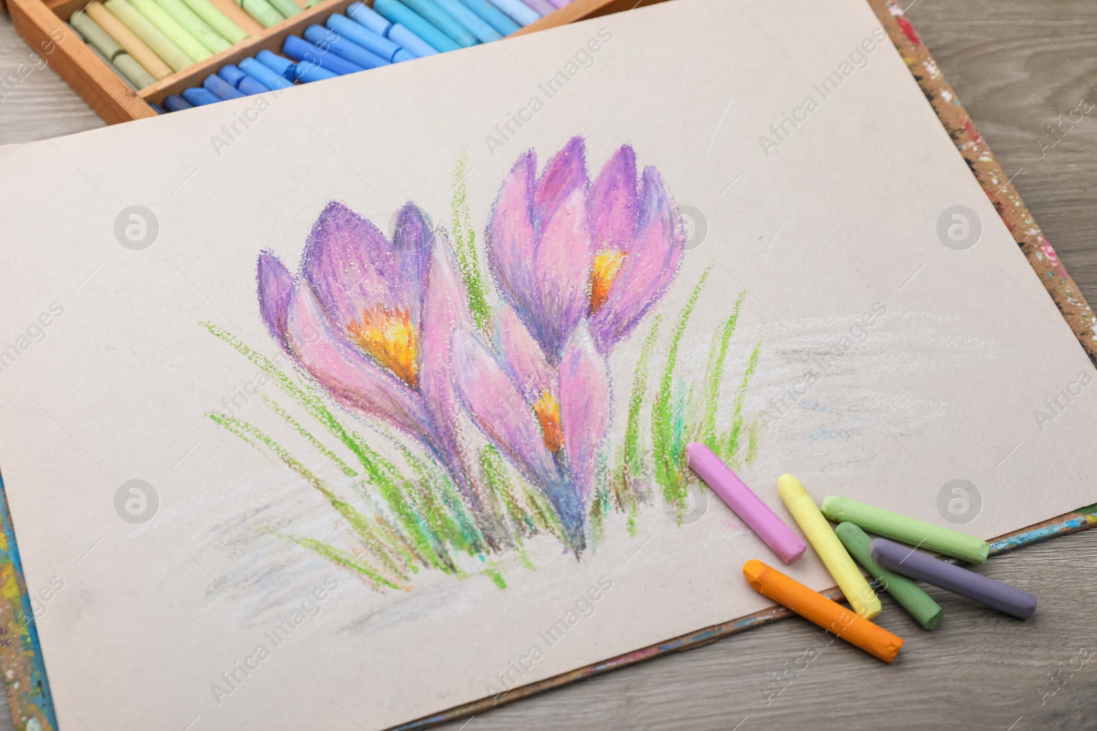 Photo of Beautiful drawing of crocus flowers and pastels on wooden table