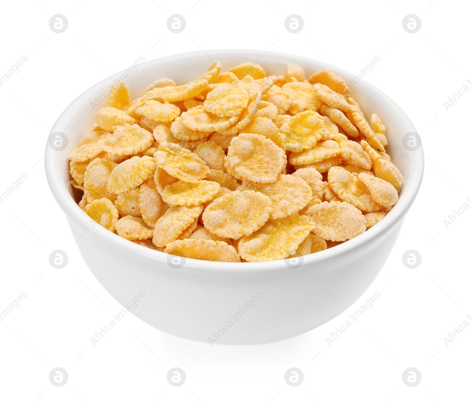 Photo of Bowl of tasty corn flakes isolated on white