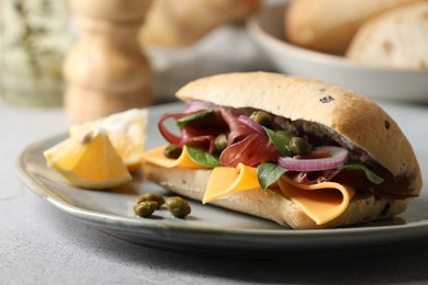 Delicious sandwich with bresaola, cheese and onion on light grey table, closeup
