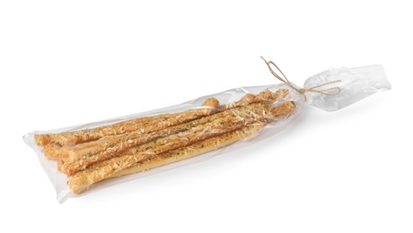 Photo of Fresh delicious grissini sticks on white background