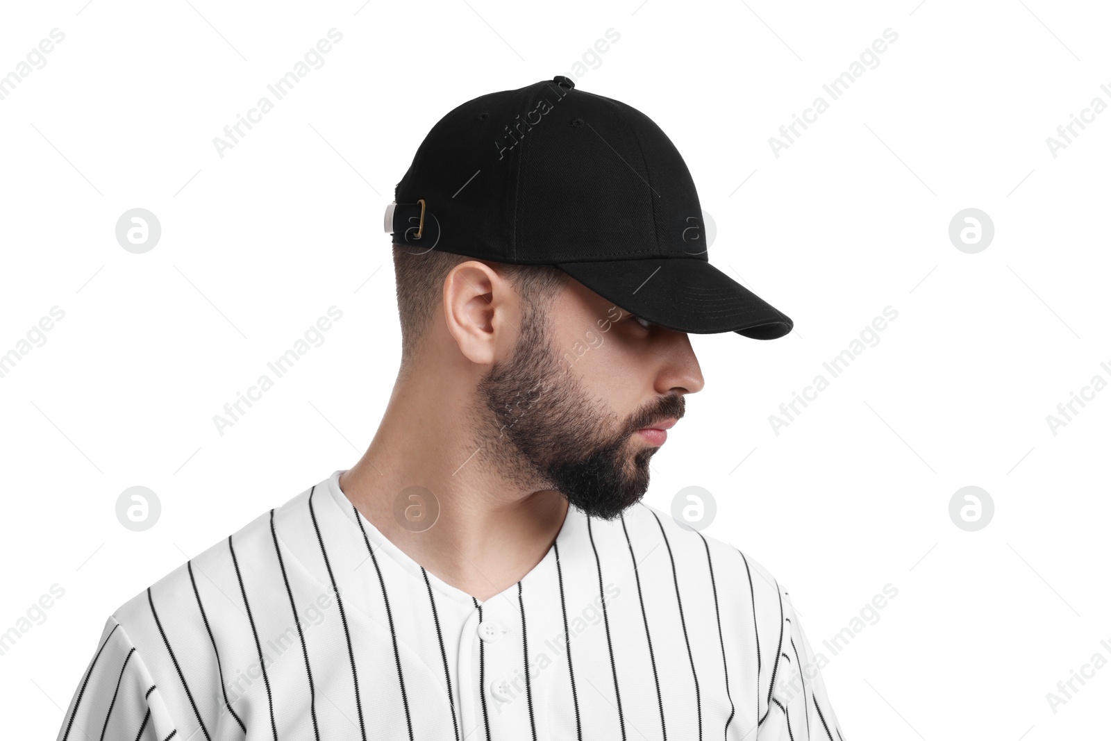 Photo of Man in stylish black baseball cap on white background