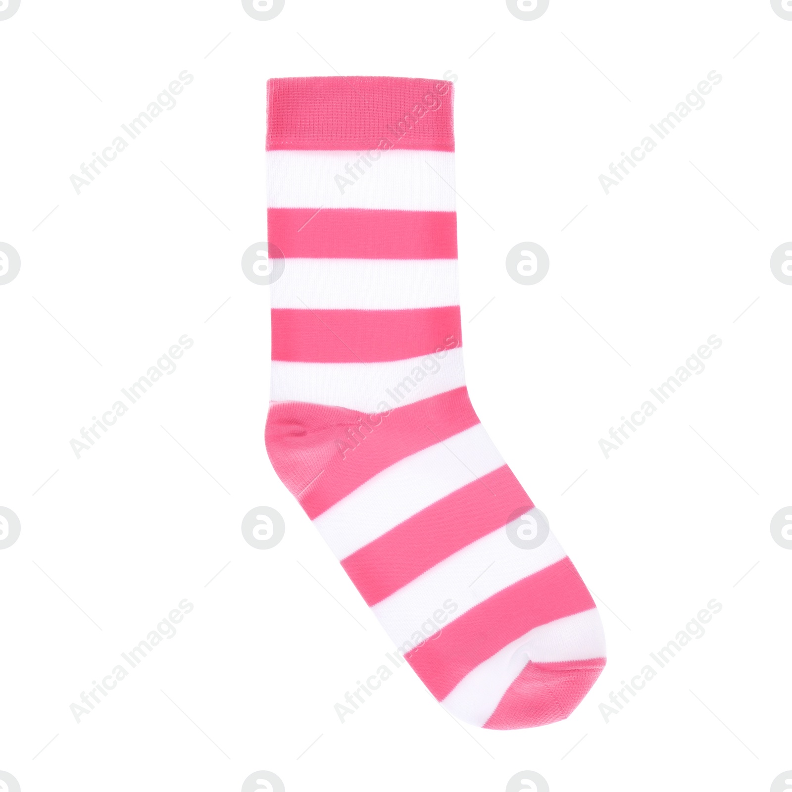 Photo of One pink striped sock on white background