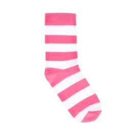 Photo of One pink striped sock on white background