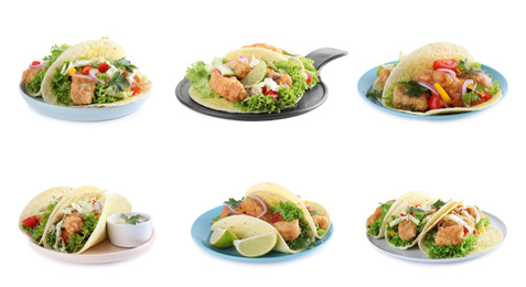 Image of Set of delicious fresh fish tacos on white background