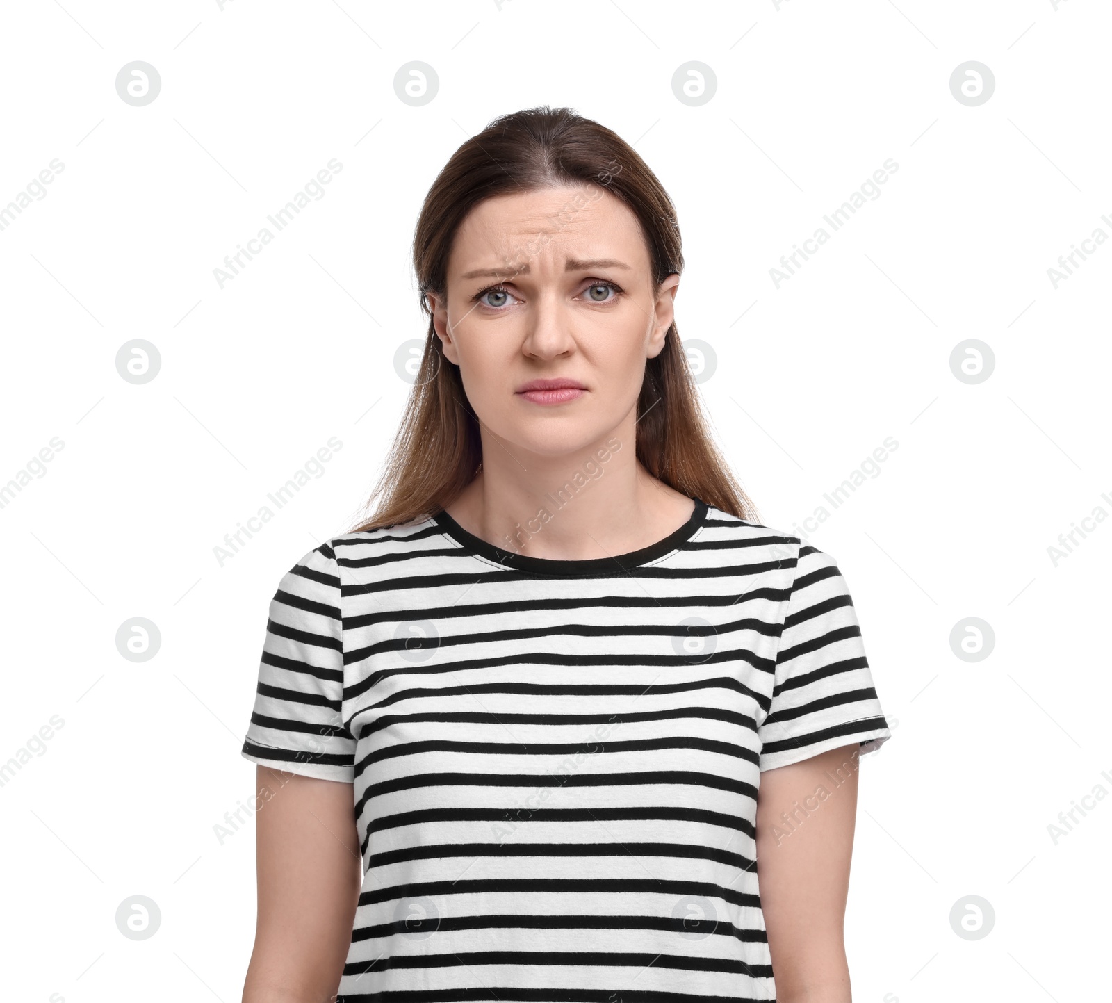 Photo of Portrait of sad woman on white background