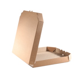 Open cardboard pizza box on white background. Food delivery