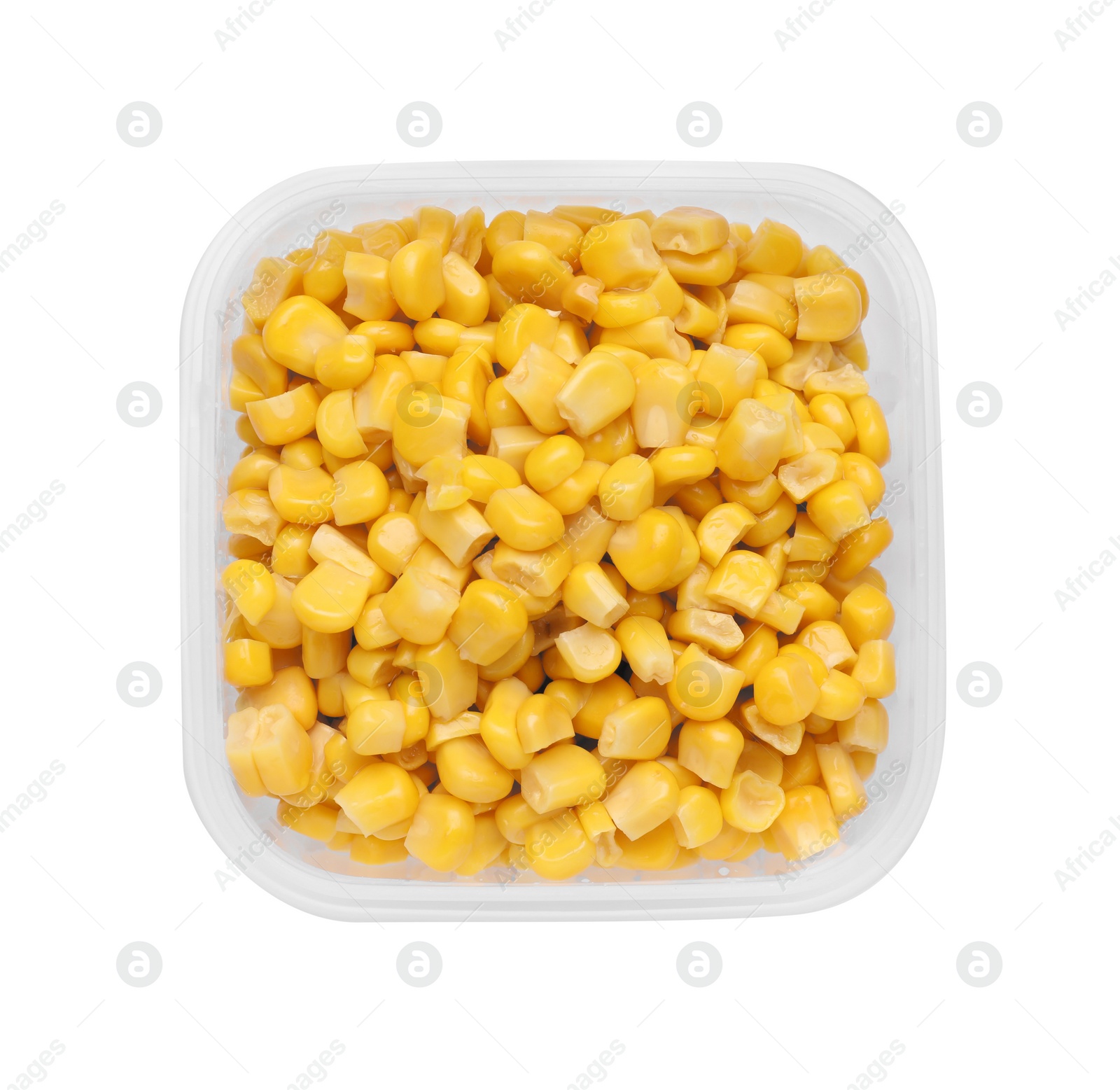 Photo of Plastic container with tasty corn kernels isolated on white, top view