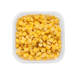 Photo of Plastic container with tasty corn kernels isolated on white, top view