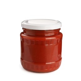 Photo of Glass jar of delicious canned lecho isolated on white