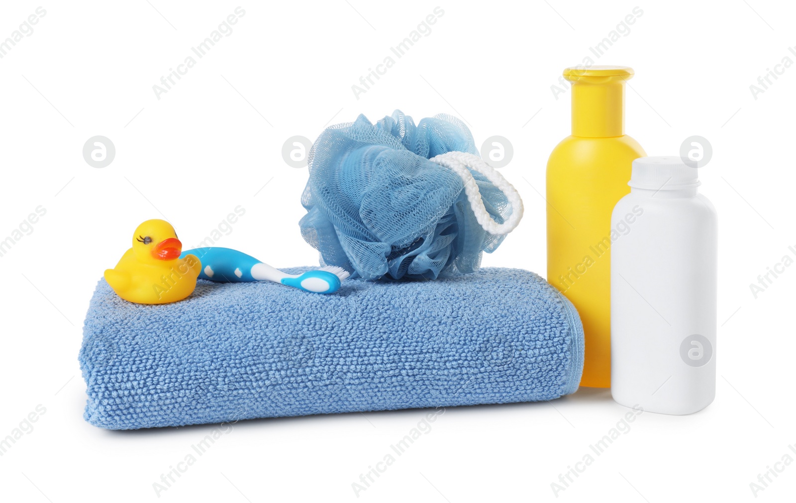 Photo of Baby cosmetic products, bath duck, accessories and towel isolated on white