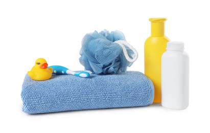 Photo of Baby cosmetic products, bath duck, accessories and towel isolated on white