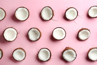 Photo of Coconut pattern on color background, flat lay