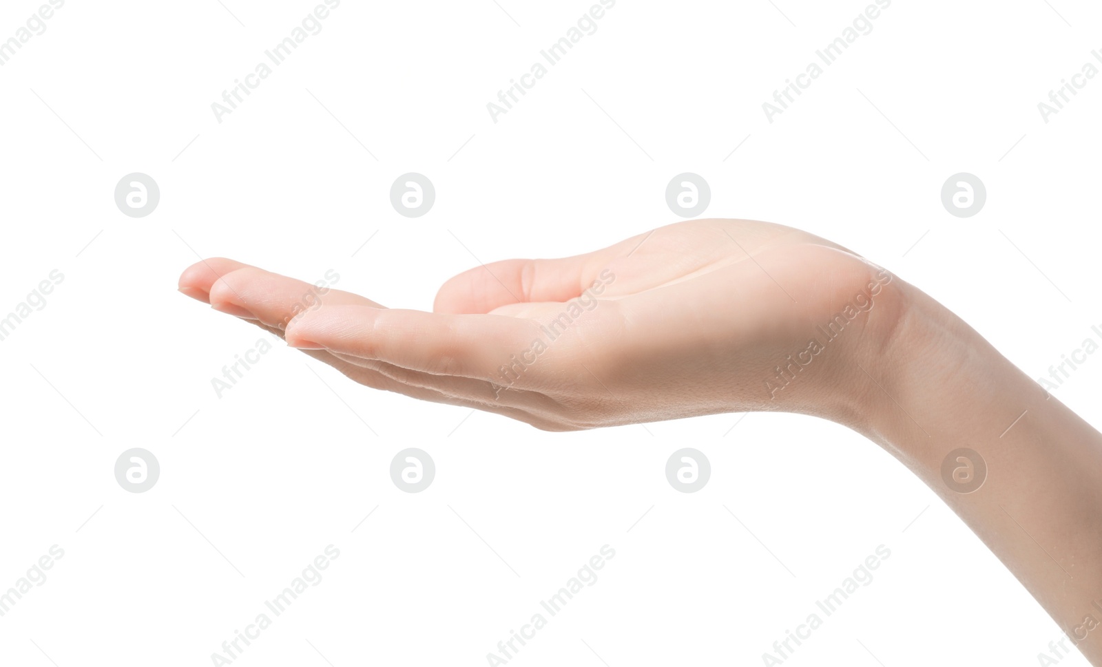 Photo of Woman holding something on white background, closeup